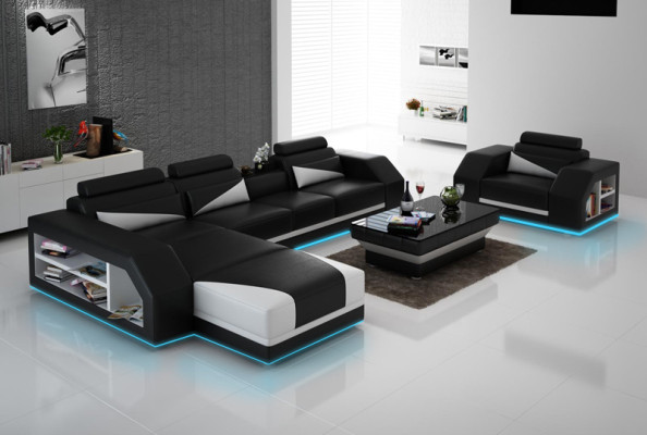 Leather sofa Couch Living landscape Corner sofa + Armchair Corner Design Modern Sofa LED USB