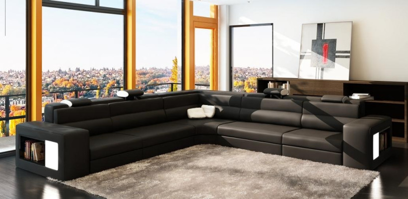 Leather sofa Sofa with USB Corner sofa Seat Upholstery Living landscape XXL Big Weiden Black