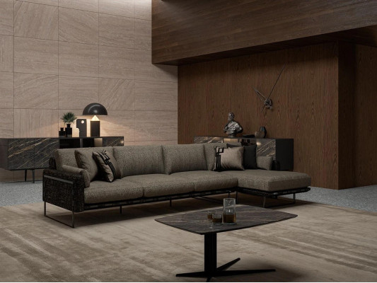 Designer Brown Sofa Couch L-shape Luxury Upholstered furniture Living room Coffee table