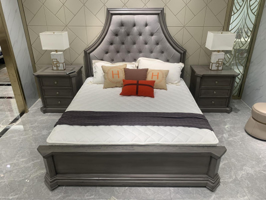 Double bed Bed Bed frame Beds Marriage bed Upholstered bed Wood Furniture Color gray