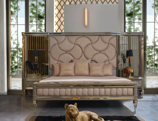 Double bed with two bedside tables in a high-quality luxury design in beige with golden elements