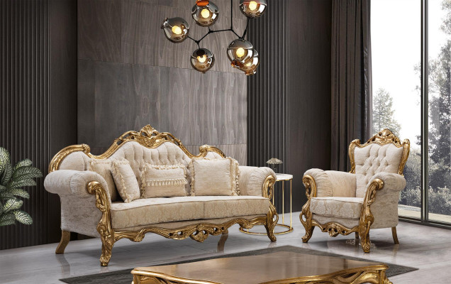 Chesterfield sofa and armchair in beige in a high-quality luxury design