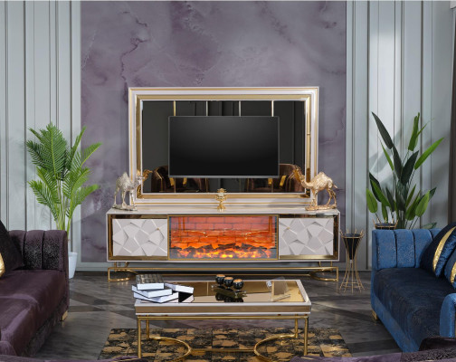Fireplace wall frame for television with coffee table set in an elegant premium design made from stainless steel