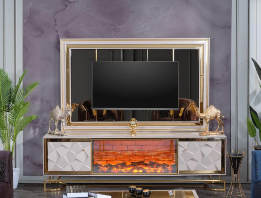 Fireplace wall frame for television with coffee table set in an elegant premium design made from stainless steel