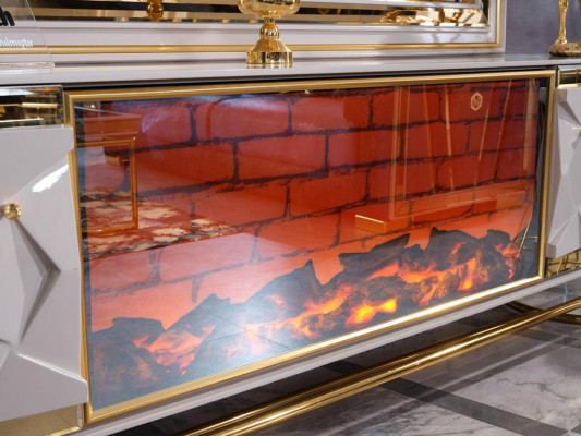 Fireplace wall frame for television with coffee table set in an elegant premium design made from stainless steel