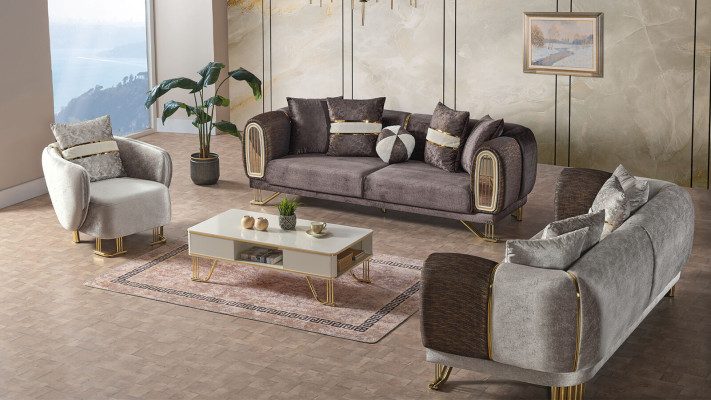 Sofa set 3+3+1 Seater Living room Set Complete Textile Sofa Armchair Wood
