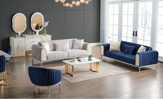 Sofa set 3+3+1 Seater Living room Set Complete Textile Sofa Armchair Wood Blue