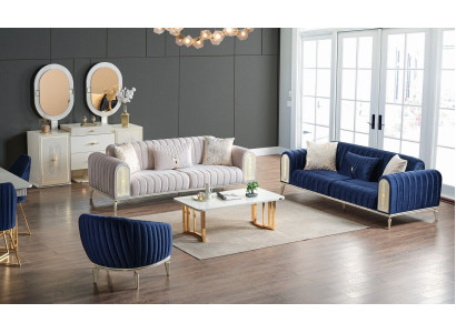 Sofa set 3+3+1 Seater Living room Set Complete Textile Sofa Armchair Wood Blue
