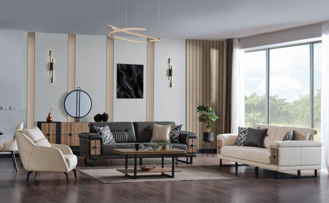 Sofa set 3+3+1 Seater Living room Set Complete Textile Wood Sofa Armchair
