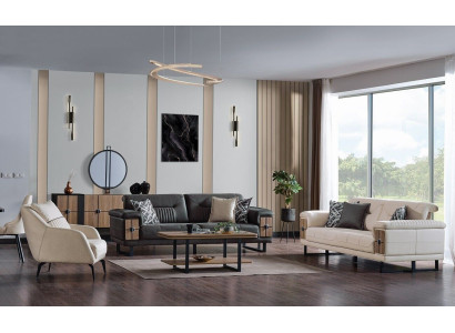 Sofa set 3+3+1 Seater Living room Set Complete Textile Wood Sofa Armchair