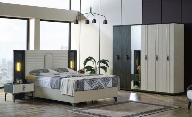 Luxury Bedroom Set 4 pcs. Bed 2x Bedside tables Wardrobe Beige