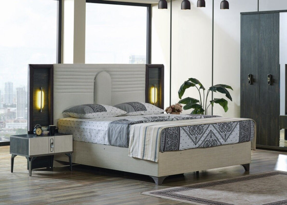 Luxury Bedroom Set 4 pcs. Bed 2x Bedside tables Wardrobe Beige