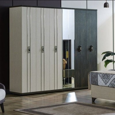 Luxury Bedroom Set 4 pcs. Bed 2x Bedside tables Wardrobe Beige
