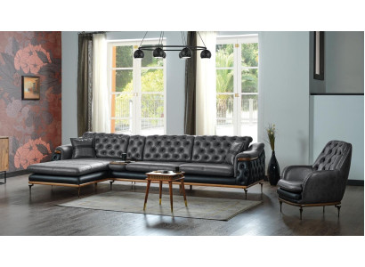 Black Living room Set Corner sofa L-shape Armchair Modern Chesterfield Complete