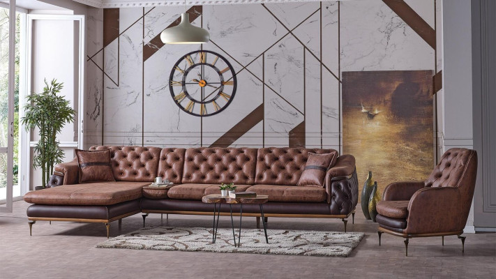 Corner sofa L-shape Armchair Brown Complete Living room Set 2pcs. Luxury brown