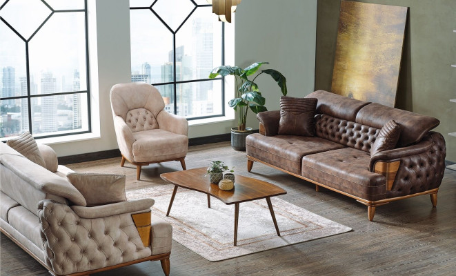 Sofa set 3+3+1 Wood Living room Luxury Sofa Chesterfield Fabric new Complete