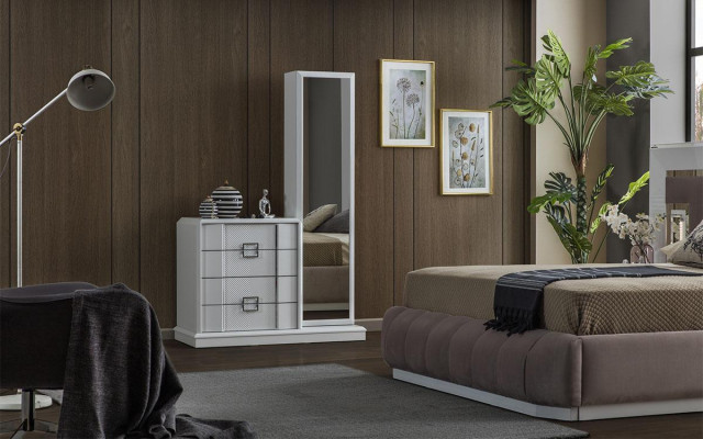 Modern Bedroom Set Bed + 2x Bedside tables + Chest of drawers with Mirror Luxury new