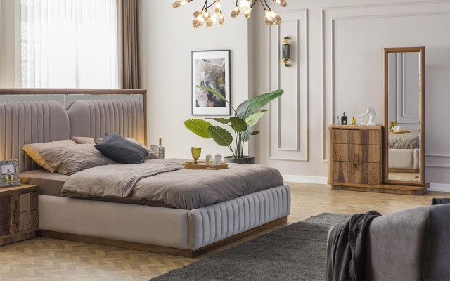 Modern Bedroom Set Bed + 2x Bedside tables + Chest of drawers with Mirror Modern