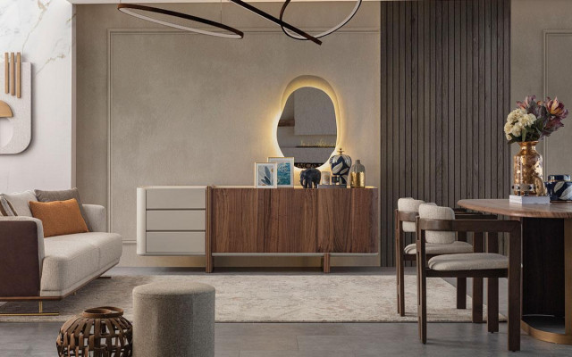 Luxurious Dining room Set Dining table + 6x Chairs + Sideboard + Mirror 9 pieces Modern
