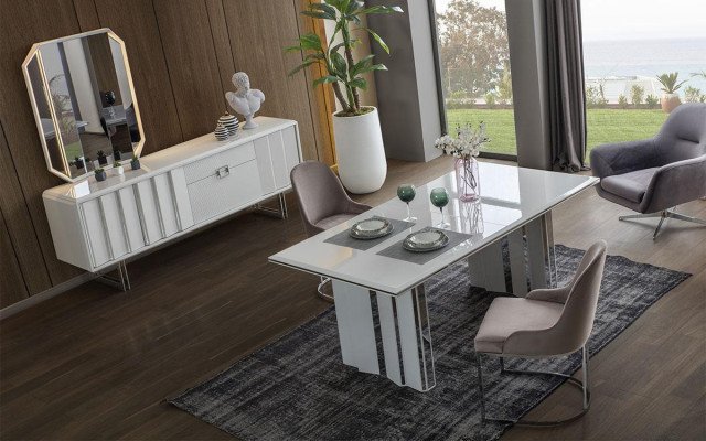 Luxury Dining room Set Dining table + 6x Chairs + Sideboard with Mirror Modern Complete