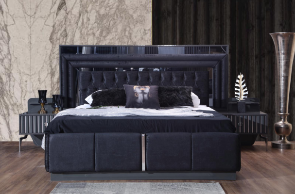 Black Bedroom Set Luxury Suite Bed 2x Bedside tables Wardrobe