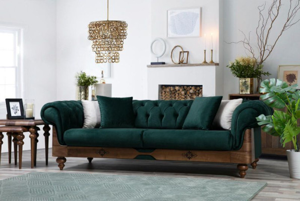 Green Chesterfield three seater couch living room sofas seating furniture couch