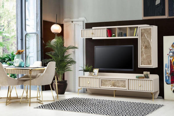 Designer Modern Wall unit Luxury Wood Shelves Living room Furniture Stylish