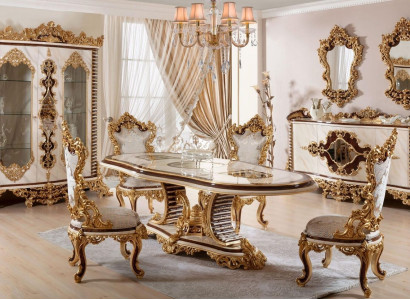 Golden Classic Dining room Suite Dining table 6x Chairs Chest of drawers Mirror