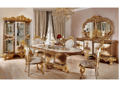 Luxurious Dining room Set White -Gold Dining table 4x Chairs Chest of drawers 6tlg Furniture
