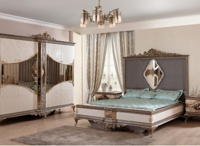 White -Golden Bedroom Suite Double bed 2x Bedside tables Wardrobe Set Bed