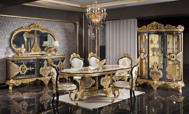 Stylish Black & Gold Dining room Set Luxury Suite Chest of drawers Dining table