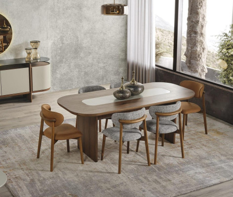 Suite Dining room Dining set Dining table Set 7pcs Brown Wood new