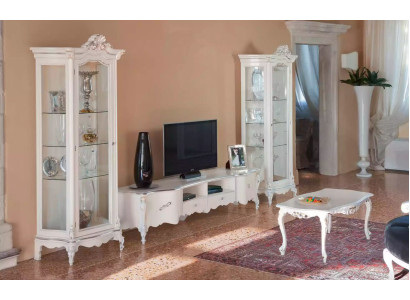 White Living room Wall unit Luxury Furniture TV lowboard 2x showcases Coffee table