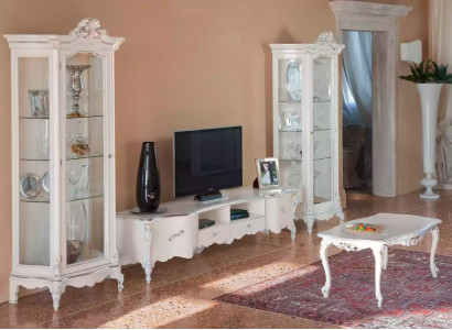 White Living room Wall unit Luxury Furniture TV lowboard 2x showcases Coffee table