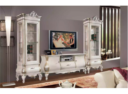Classic White Wall Unit TV Stands 2x Display Cabinets Elegant Set 3 Piece Wardrobe