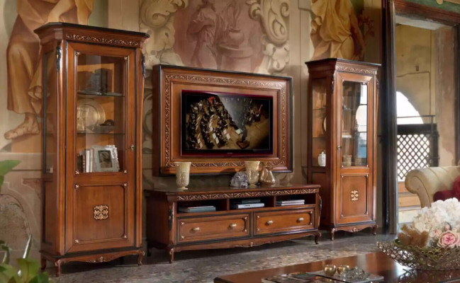 TV-cabinet Lowboard Classic Wall unit TV-Frame Brown Living room Set 4-piece