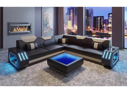 Corner sofa Leather upholstery Design Living room Corner sofa Couch Sofa L-shape Living landscape