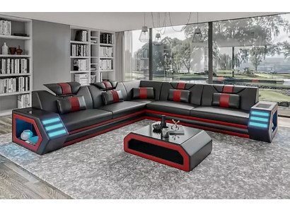 Design Living room Corner sofa Corner sofa Furniture Leather upholstery Couch Sofa L-shape + Table