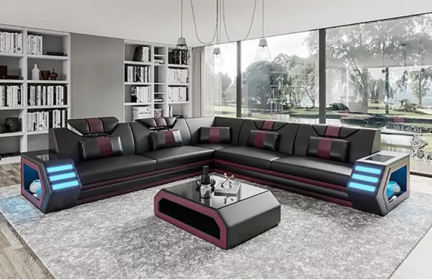 Design Living room Corner sofa Corner sofa Furniture Leather upholstery Couch Sofa L-shape + Table