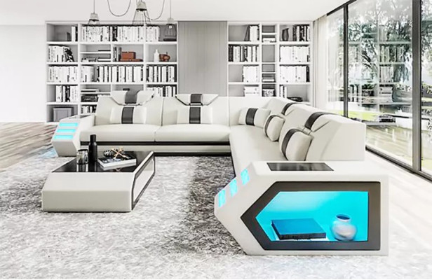 Design Living room Corner sofa Corner sofa Furniture Leather upholstery Couch Sofa L-shape + Table