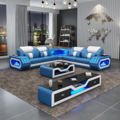 Corner sofa L-shape Coffee table Sofa Couch Design Upholstery Leather Modern Blue Table new
