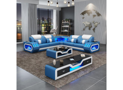 Corner sofa L-shape Coffee table Sofa Couch Design Upholstery Leather Modern Blue Table new