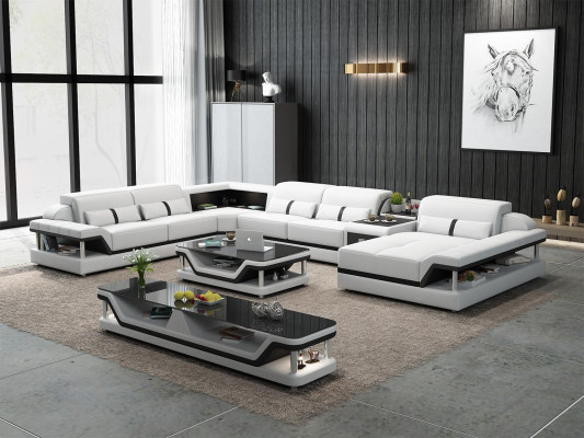 Corner sofa beige with coffee table 2 pieces. Living room leather sofa set corner suite table