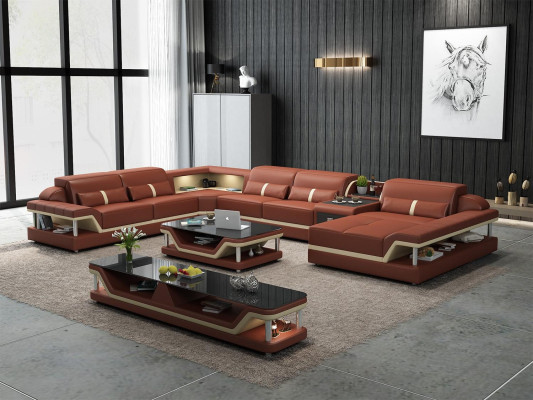 Corner sofa beige with coffee table 2 pieces. Living room leather sofa set corner suite table