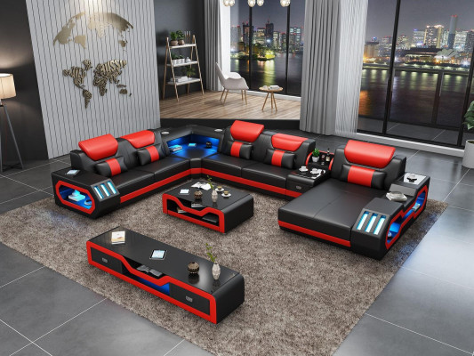Design Big Sofa with USB Corner sofa Couch Wohlandschaft U-shape Leather Textile Corner
