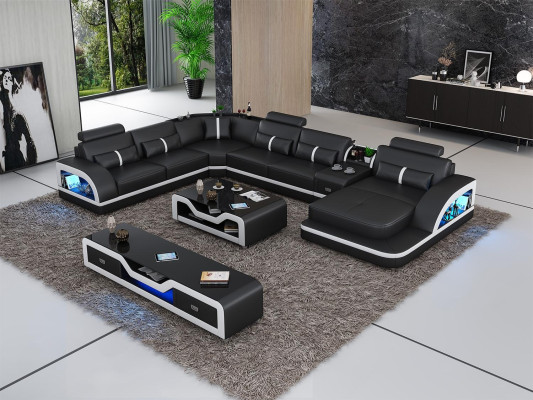 Corner sofa Black with Coffee table 2 pieces. Living room leather sofa set corner suite table