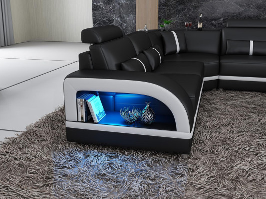 Corner sofa Black with Coffee table 2 pieces. Living room leather sofa set corner suite table