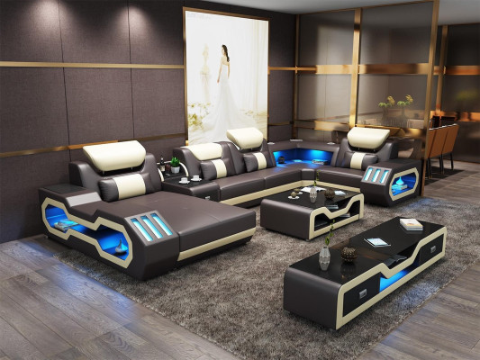 Corner sofa U-shape Coffee table Leather sofa Living landscape Designer Sofa 2-piece set led usb