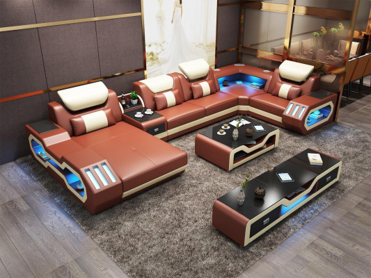 Corner sofa U-shape Coffee table Leather sofa Living landscape Designer Sofa 2-piece set led usb