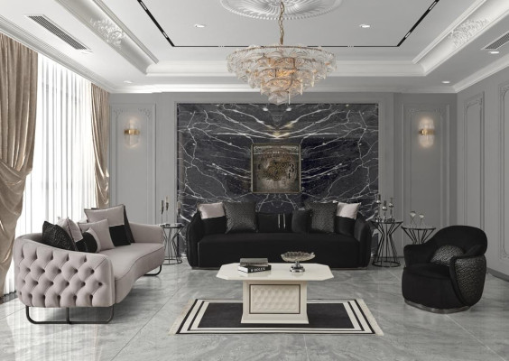 Living room Couch Sofa Four Seater + Armchair Chesterfield Textile Fabric Couches